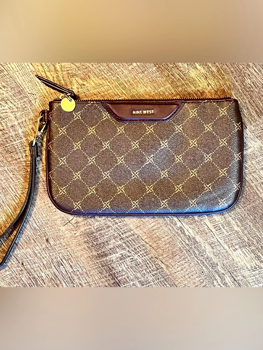 Nine West Brown Monogram Wristlet Zip Clutch Wallet Purse Gold Tone